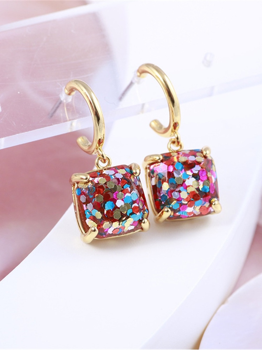 Kate Spade Multicolor Rhinestone Square C Shape Earrings Fashion Jewelry